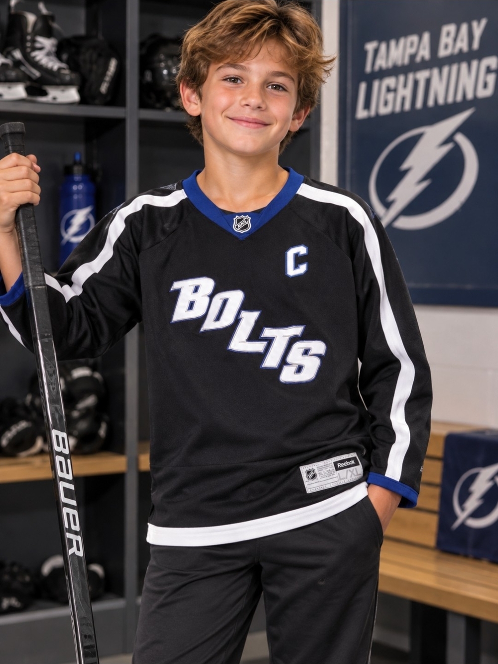 Reebok Youth Black Bolts Stamkos Hockey Jersey with White and Royal Blue Accents